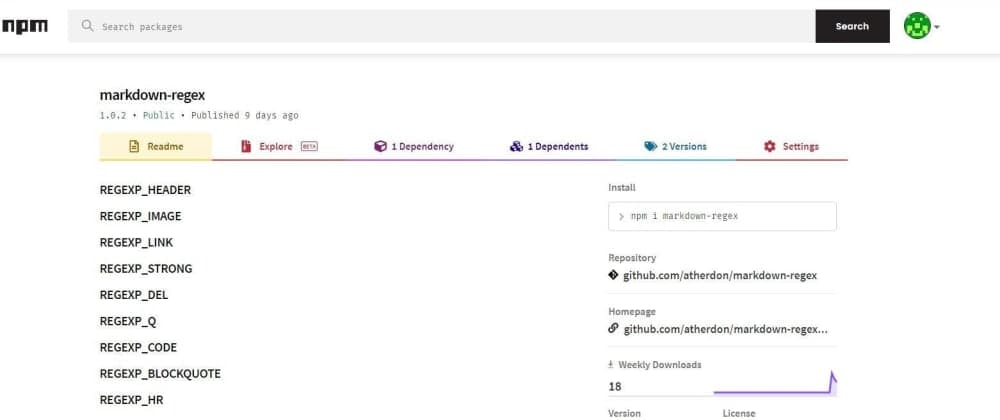 Published NPM Module with Regular Expressions for Markdown Format